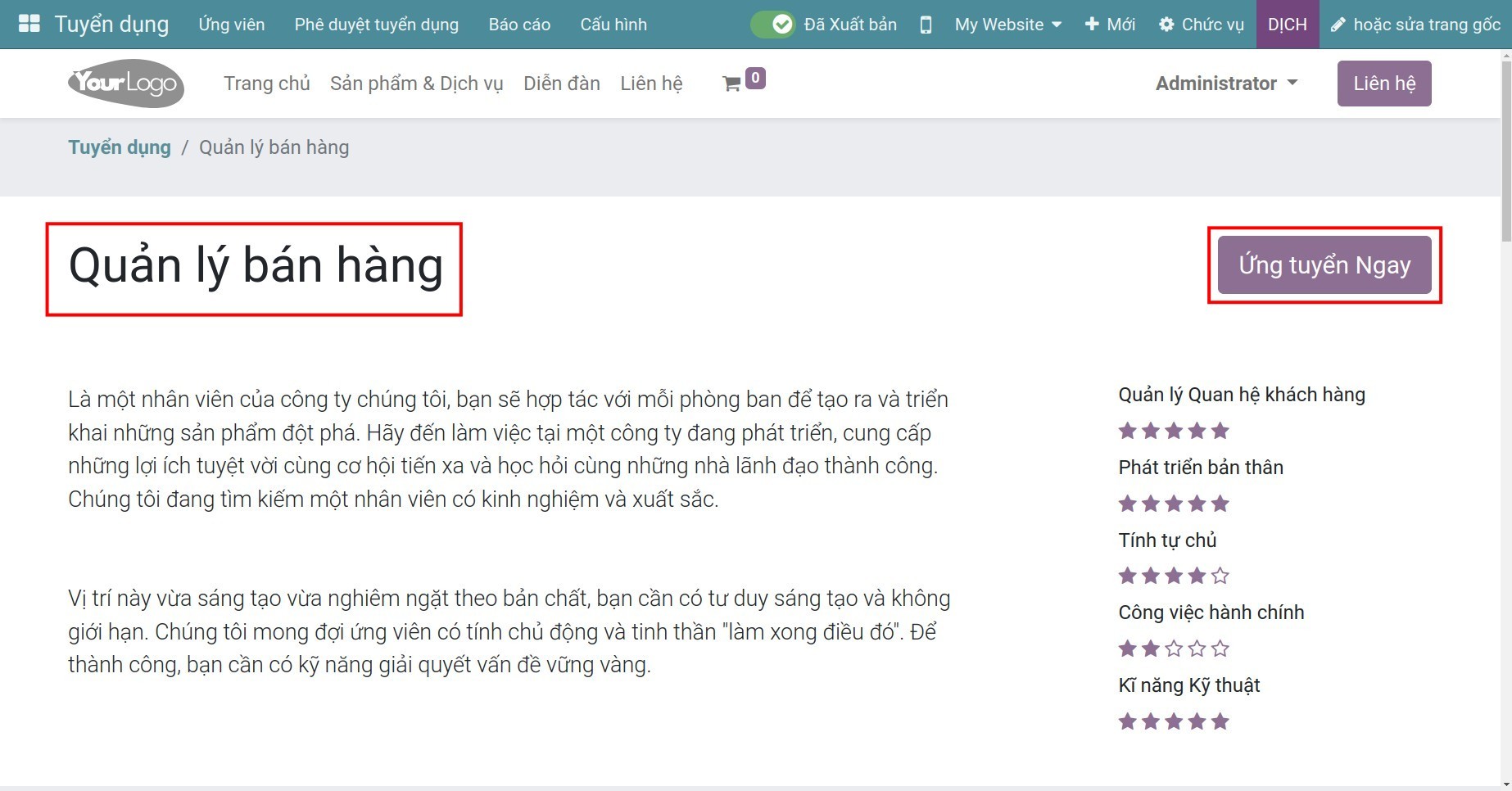 Chức vụ được xuất bản trên website