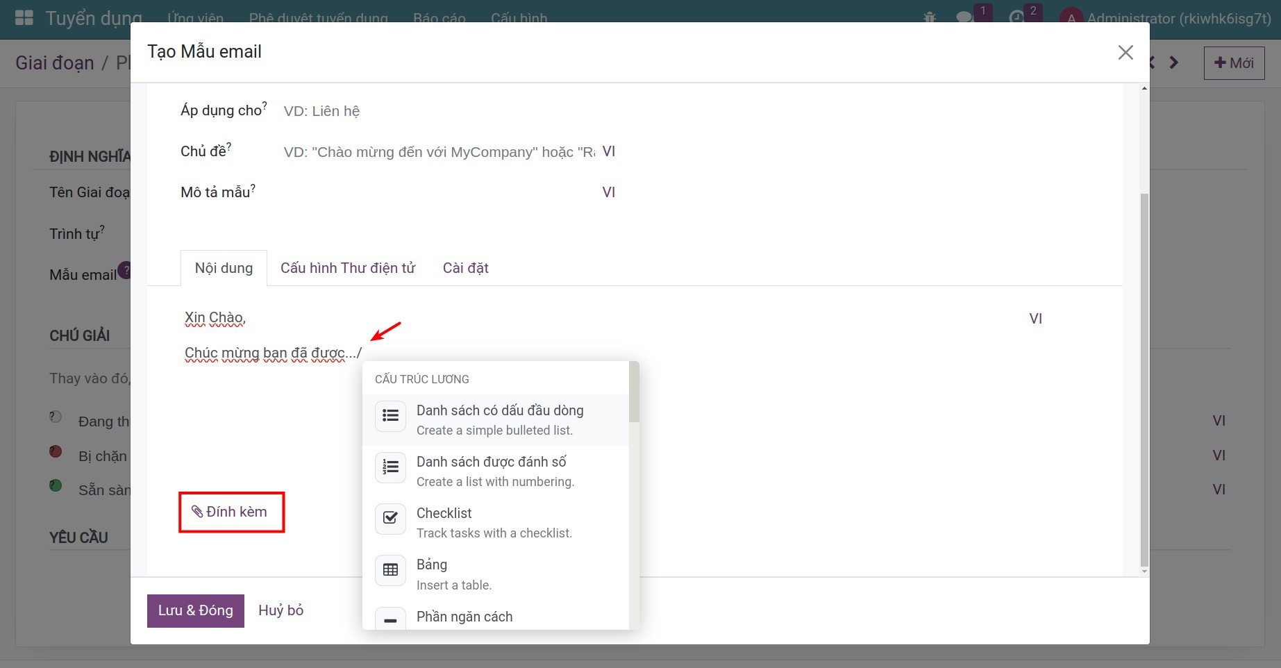 Tạo mẫu email tab nội dung, đính kèm