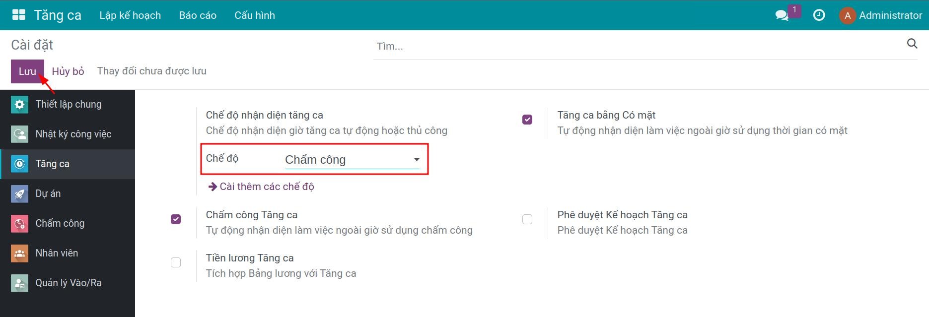 Kích hoạt Chấm công tăng ca