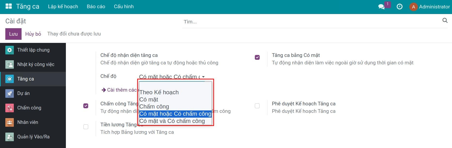 Kích hoạt Chấm công tăng ca và Điểm danh Tăng ca
