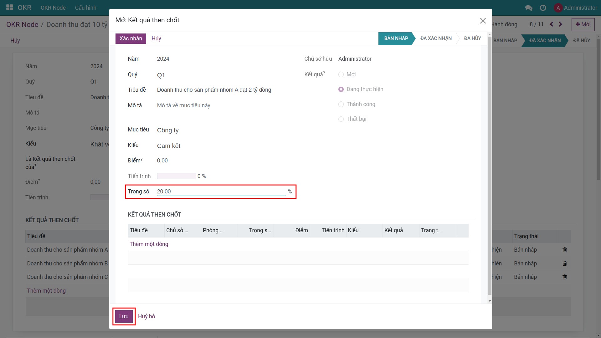 Thiết lập trọng số trong Viindoo OKR