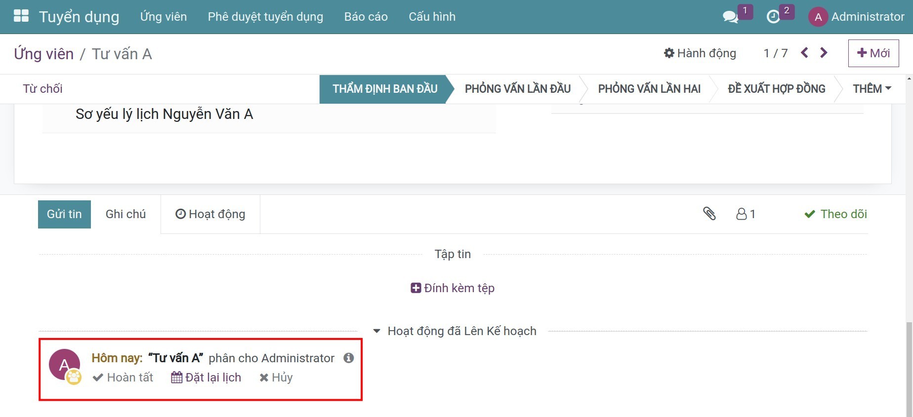 Ấn định hoạt động về buổi phỏng vấn