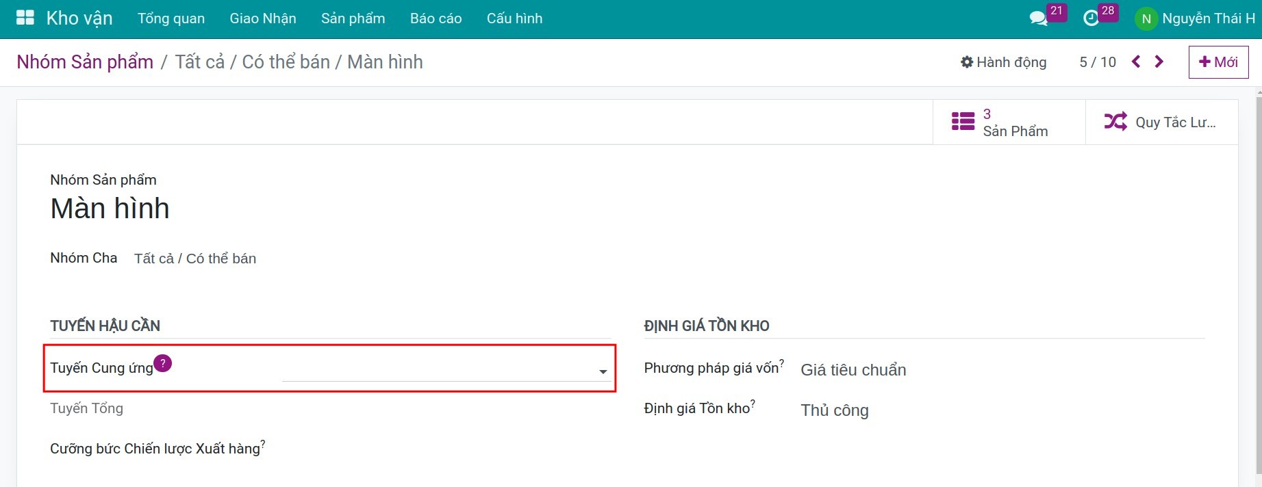 Cấu hình tuyến trên nhóm sản phẩm Kho vận Viindoo
