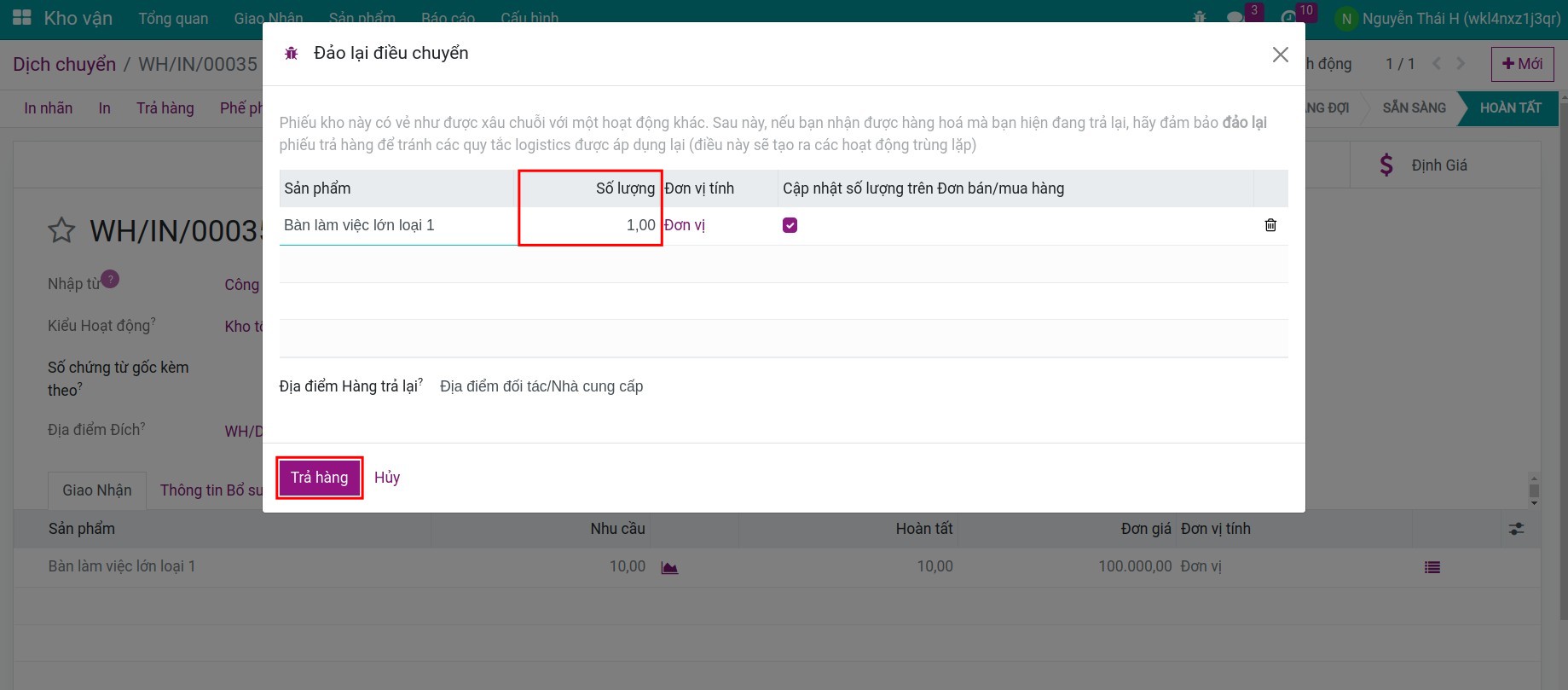 nút trả hàng trên cửa sổ trả hàng