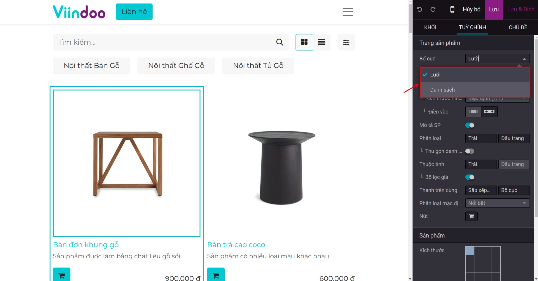 Tính năng hiển thị nút lưới, danh sách