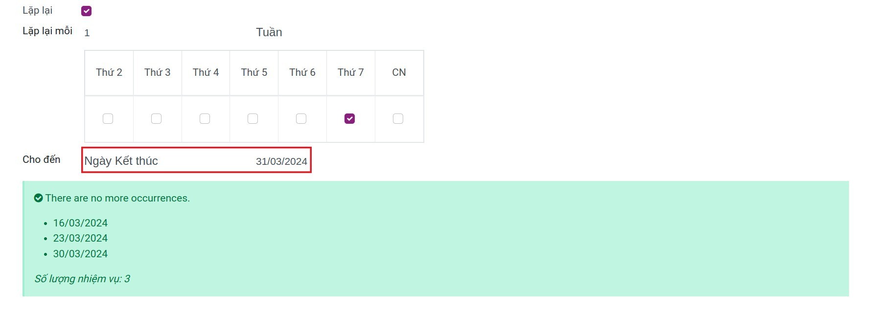 Thiết lập ngày kết thúc cho chu kỳ