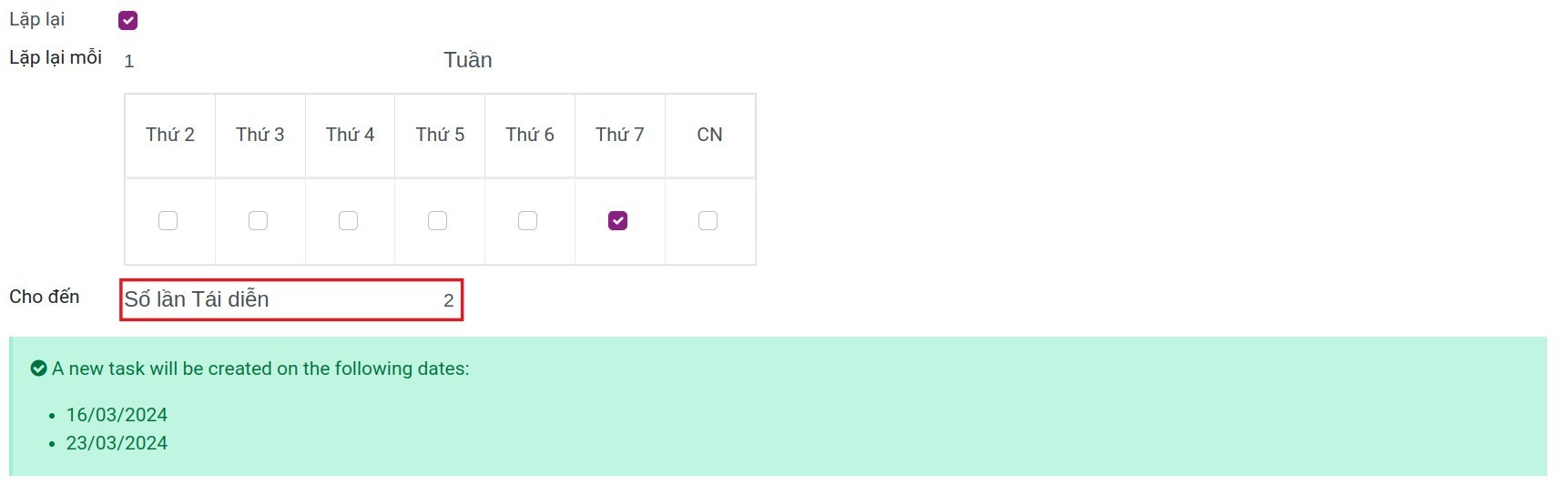 Thiết lập số lần tái diễn cho nhiệm vụ