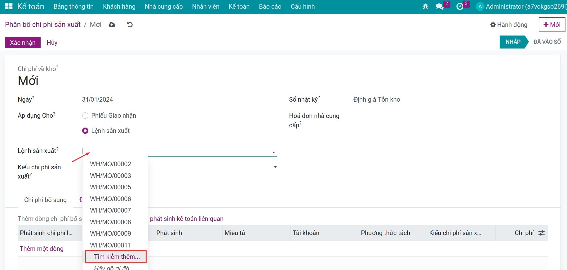 Các lệnh sản xuất cần phân bổ trong Viindoo