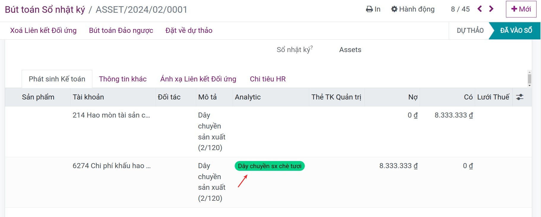 Tài khoản kế toán quản trị trên bút toán khấu hao tài sản Viindoo