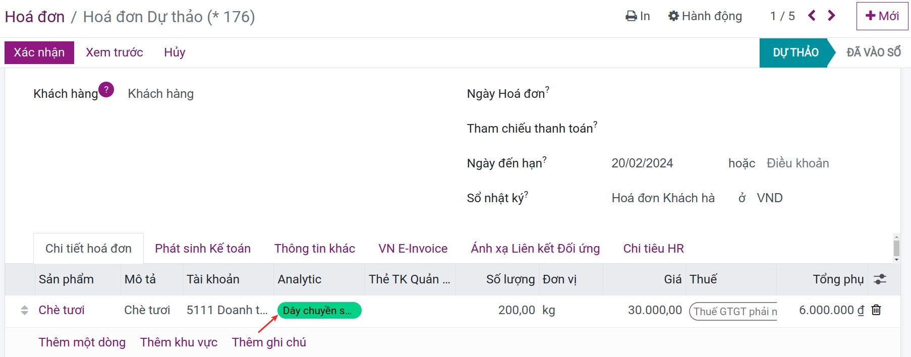 Tài khoản kế toán quản trị trên hóa đơn khách hàng Viindoo