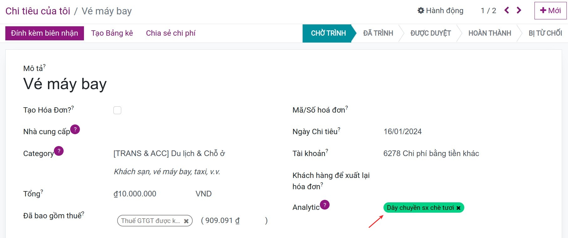 Tài khoản kế toán quản trị trên chi tiêu nhân viên Viindoo