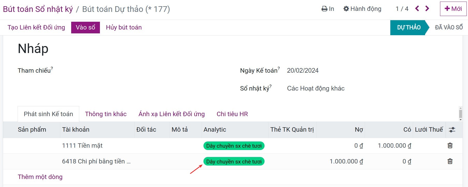Tài khoản kế toán quản trị trên bút toán sổ nhật ký Viindoo