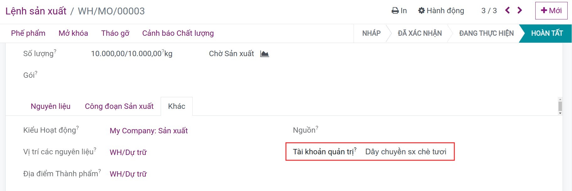 Tài khoản kế toán quản trị trên bút toán sổ nhật ký Viindoo