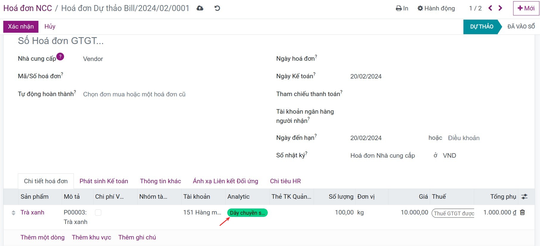Tài khoản kế toán quản trị trên hóa đơn nhà cung cấp Viindoo
