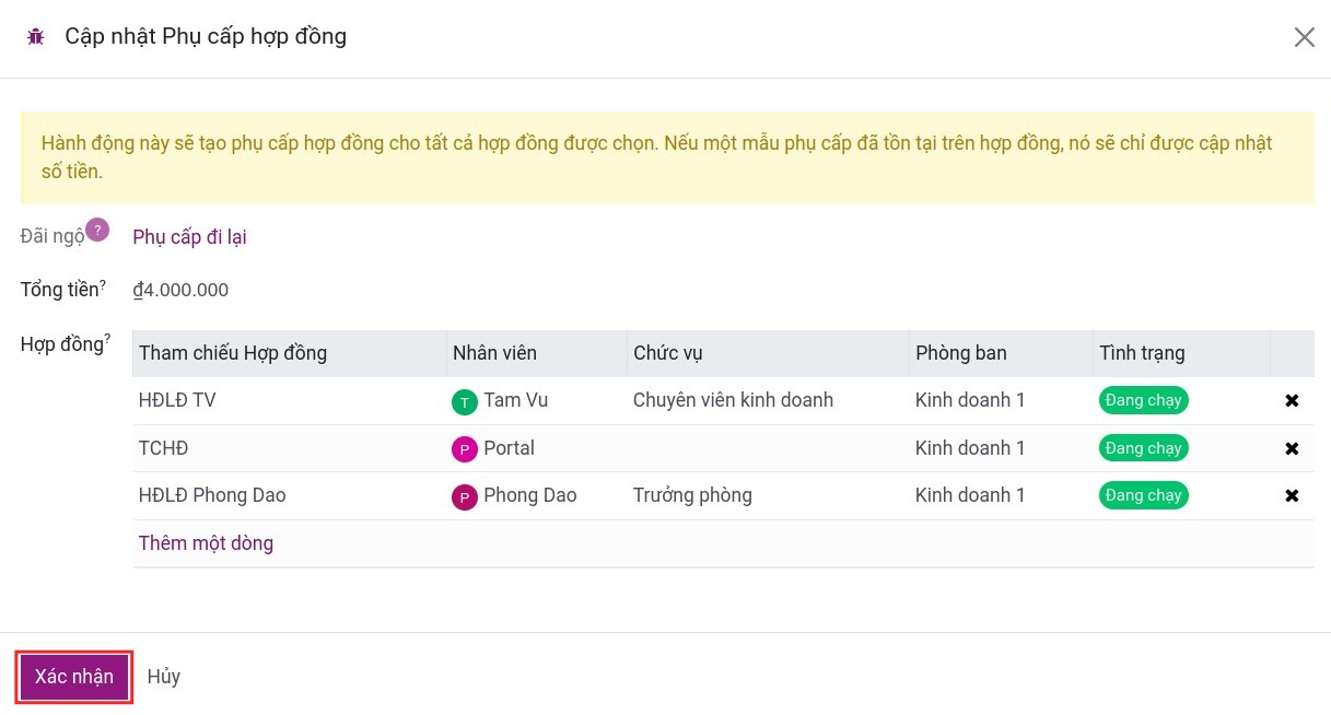 Cập nhật Phụ cấp hợp đồng