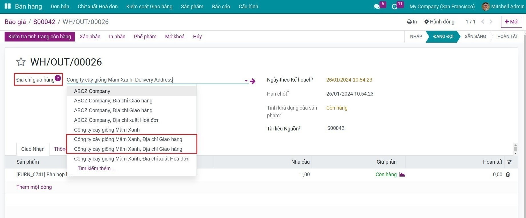 Địa chỉ xuất hóa đơn và địa chỉ giao hàng trong đơn bán Viindoo