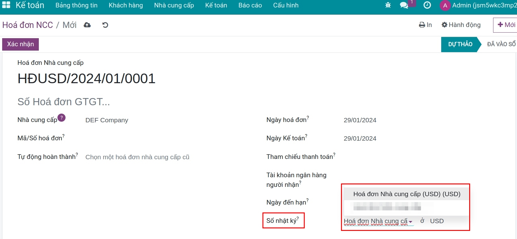 Chọn sổ nhật ký trên giao diện hóa đơn Viindoo
