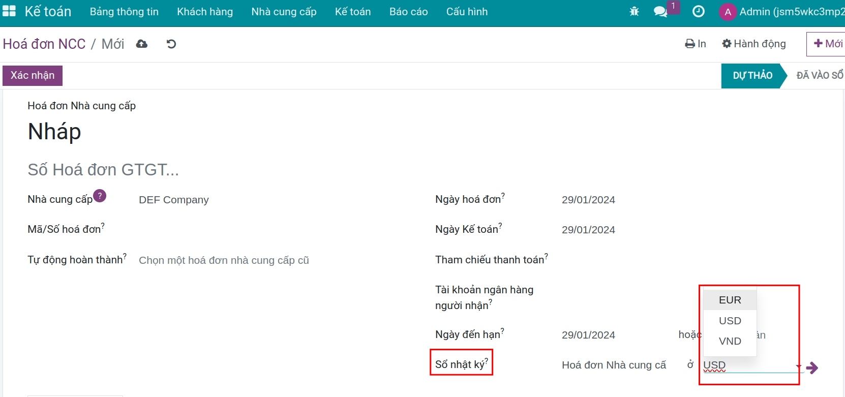 Chọn tiền tệ trên giao diện tạo hóa đơn Viindoo