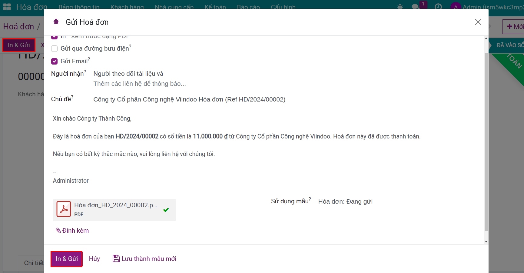Email thông báo phát hành hóa đơn gửi khách hàng