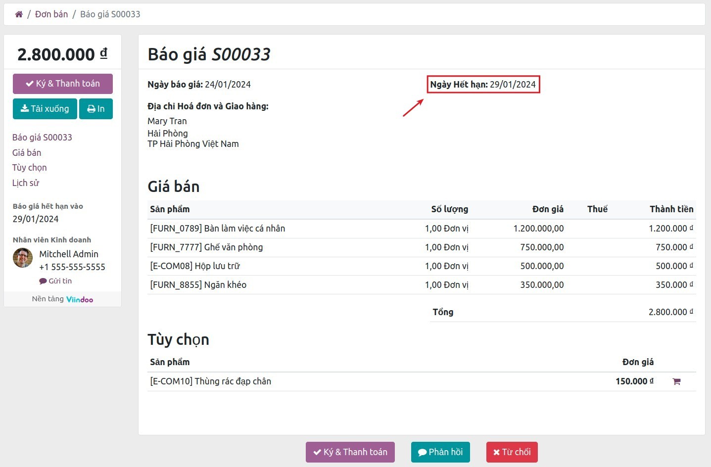 Ngày hết hạn của báo giá trên Viindoo