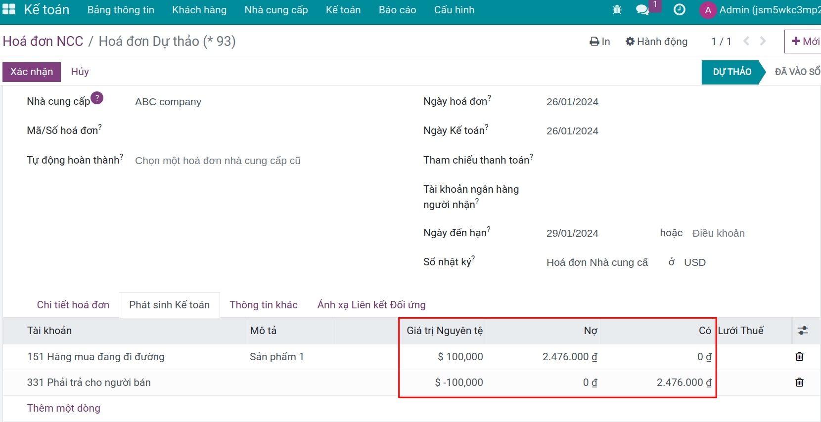 Quy đổi tỷ giá trên hóa đơn nhà cung cấp Viindoo 