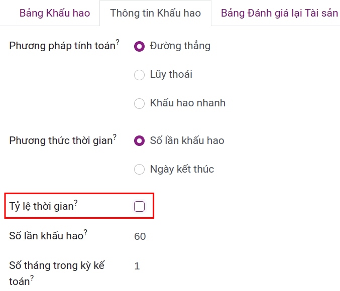 Tab thông tin khấu hao khi không kích hoạt tính năng tỷ lệ thời gian.