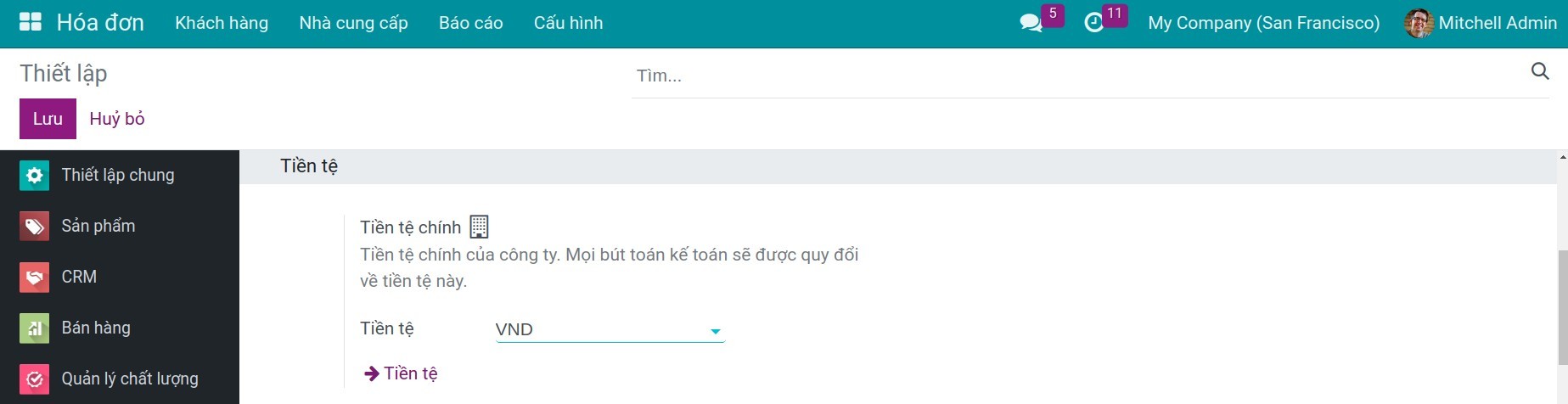 Thiết lập đơn vị tiền tệ chính của công ty