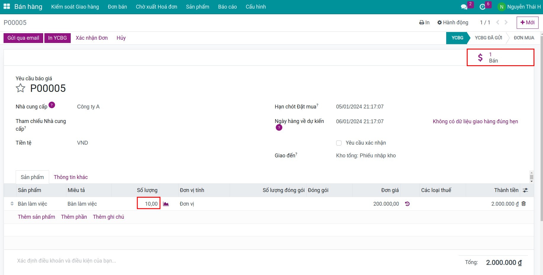Yêu cầu báo giá MTO tuyến cung ứng Kho Viindoo