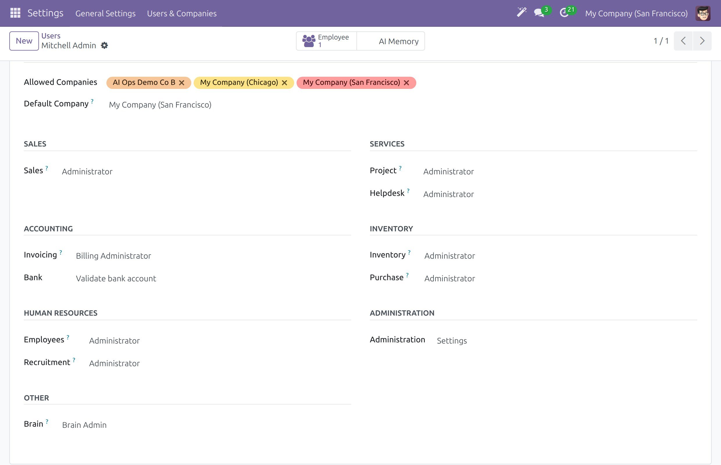 The Access Rights tab of a user with the Administration field set to Settings and the Brain field set to Brain Admin
