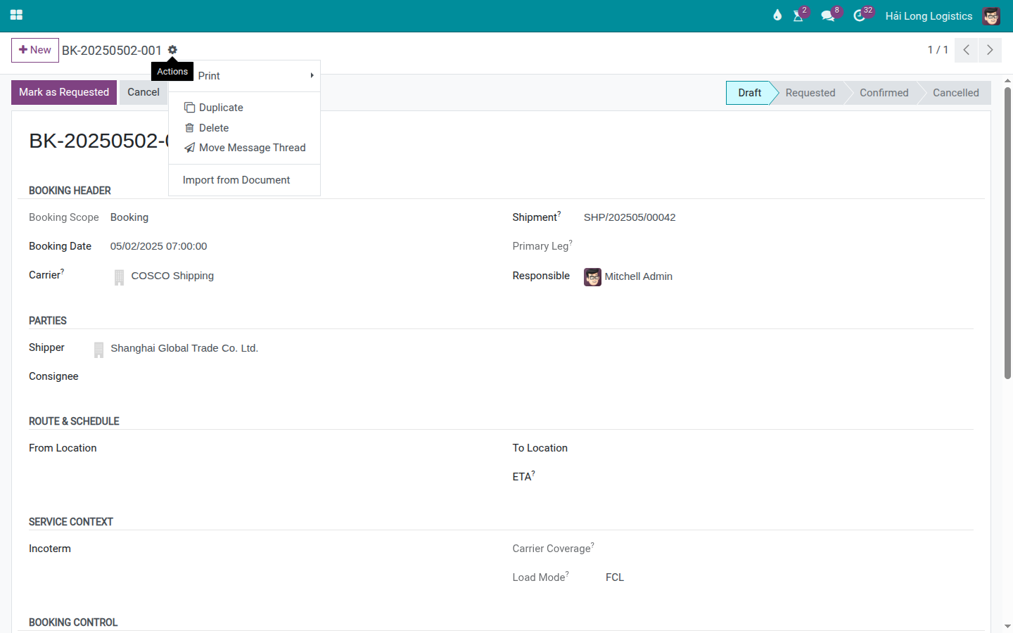 Booking form with the Action menu showing the Import from Document option.