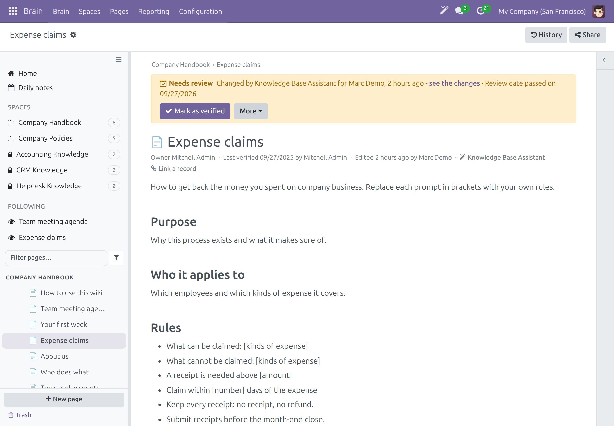 A page with the Needs review banner naming the assistant and the person who asked, with the link see the changes and the buttons Mark as verified and More