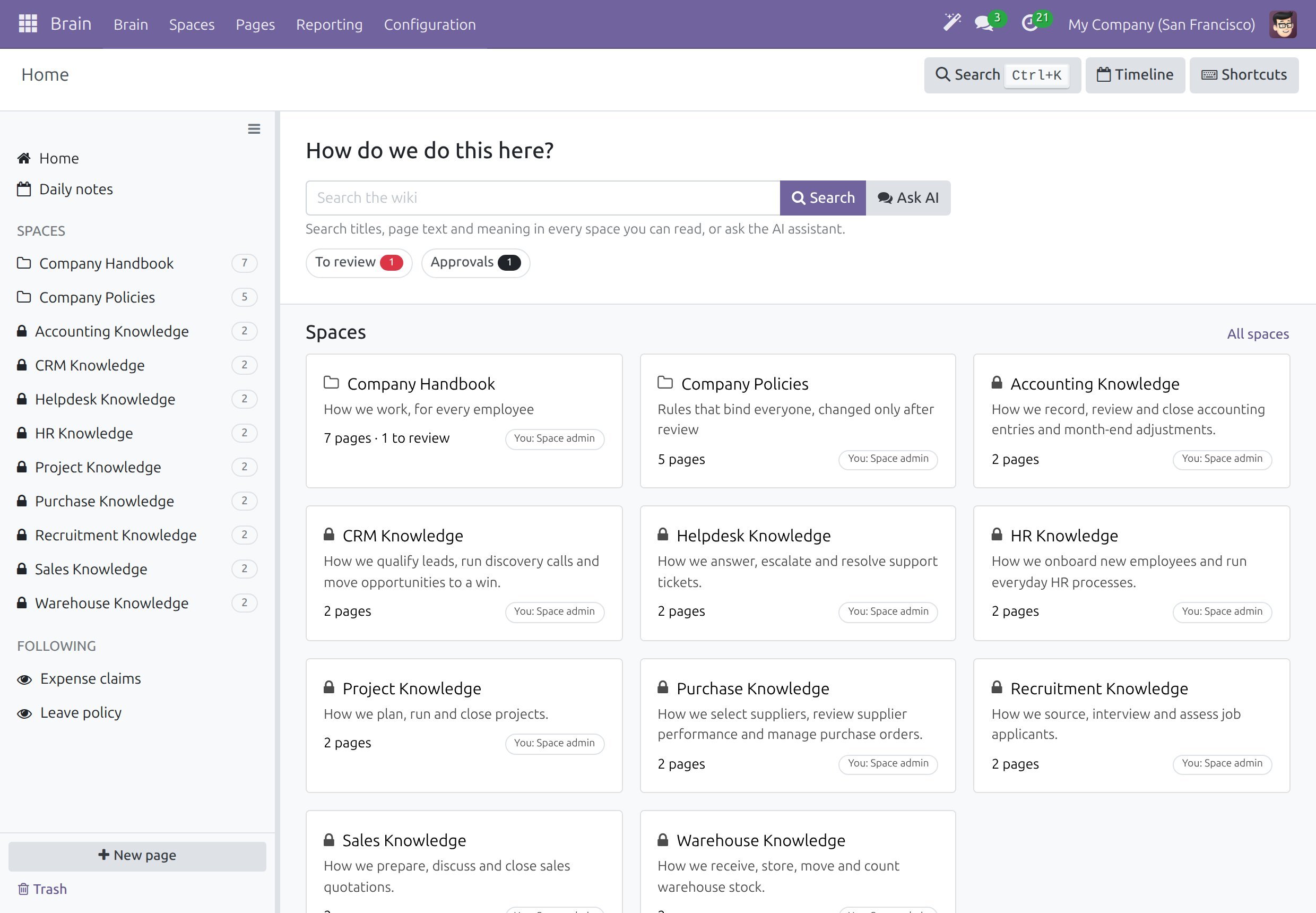 The Home screen of Brain with the search box, the Search button and the Ask AI button