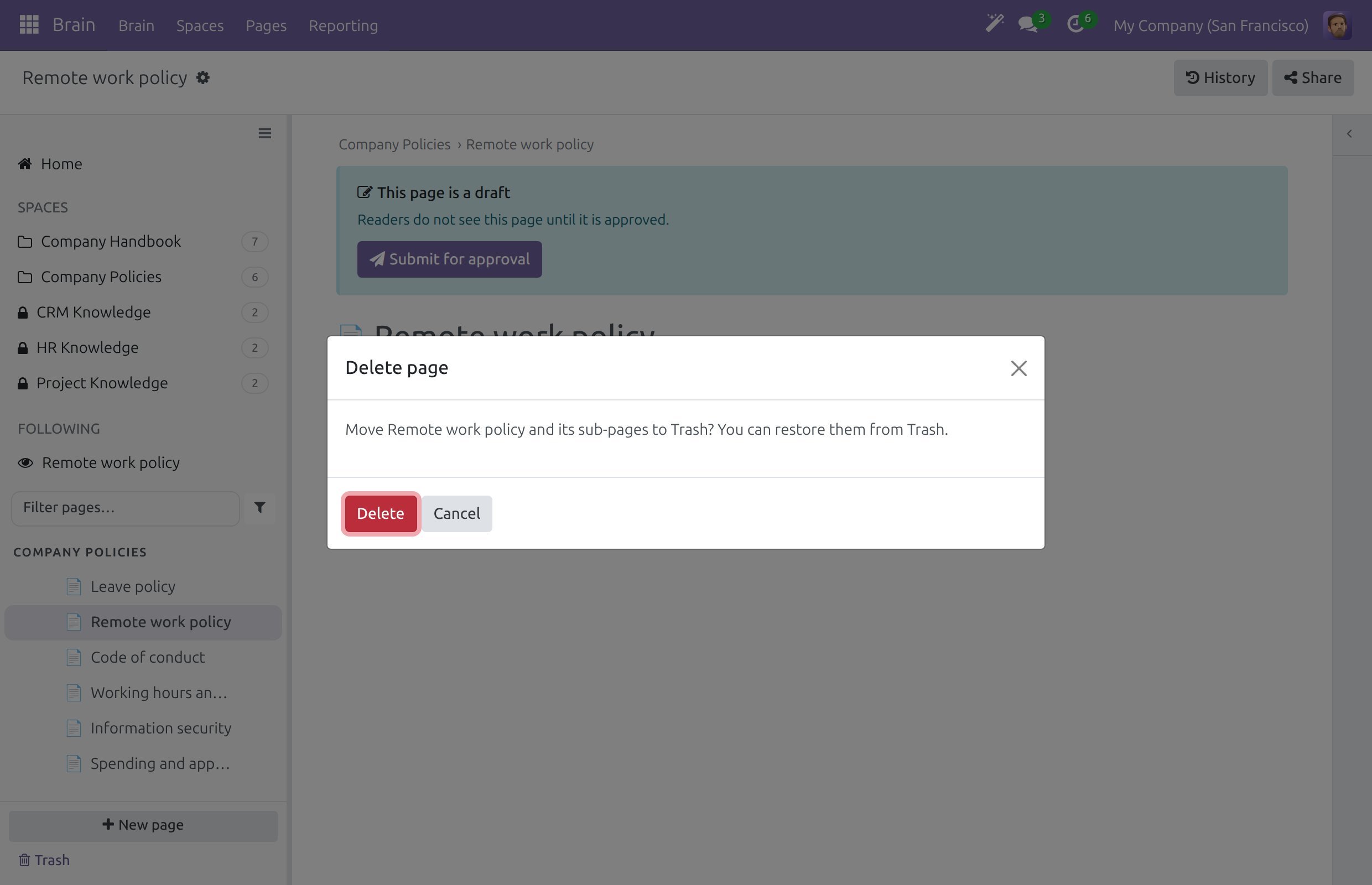 The Delete page dialog asking to move the page and its sub-pages to Trash