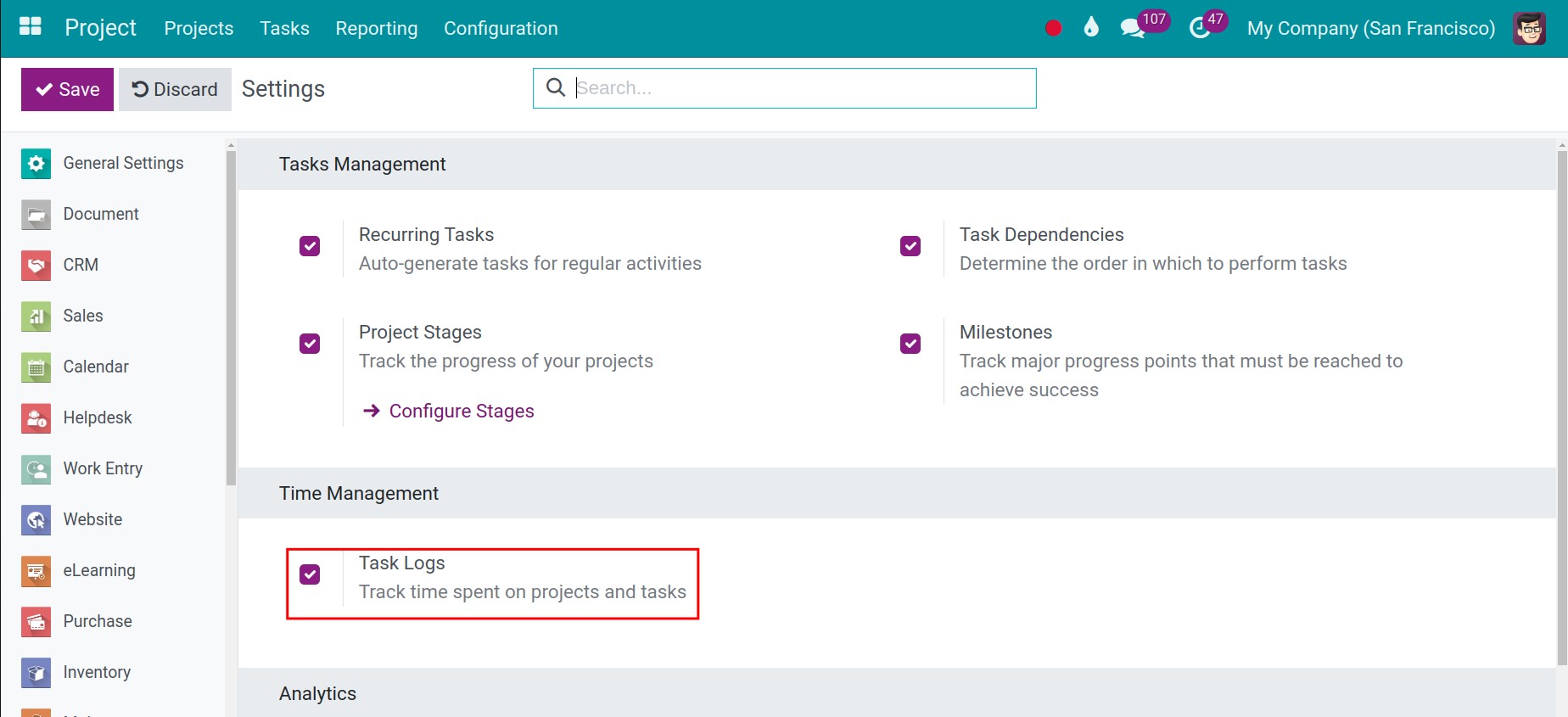 Enable the task logs feature on Project Viindoo