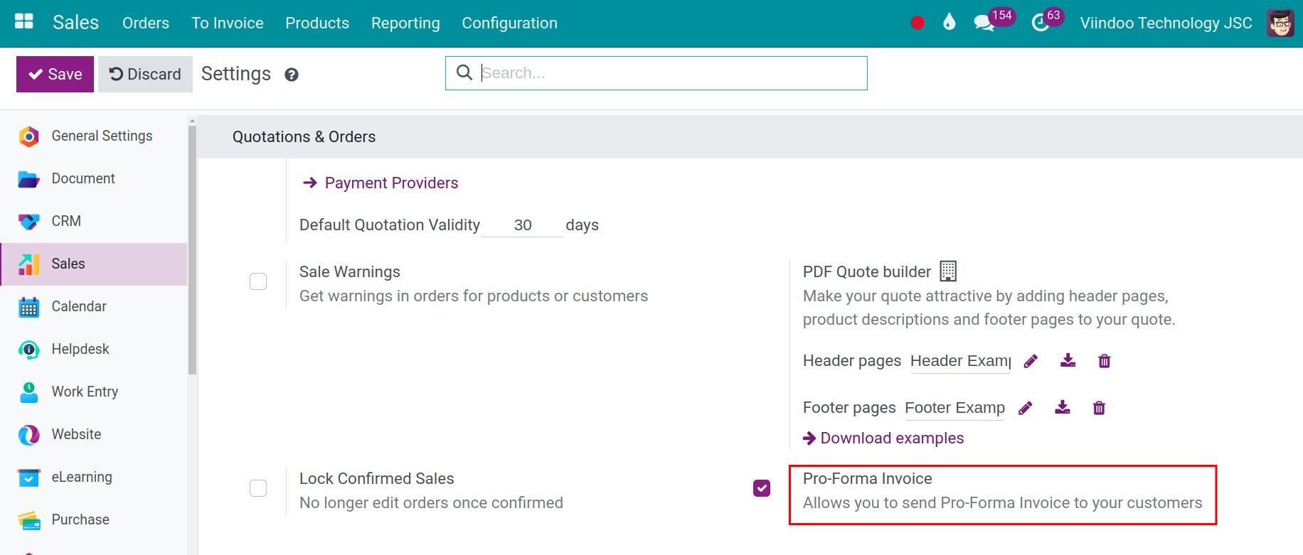 Activate pro-forma invoice feature - Viindoo