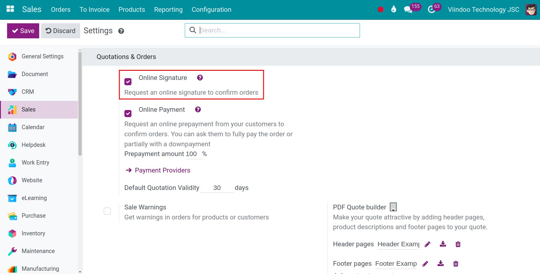 Enable the online signature in Viindoo