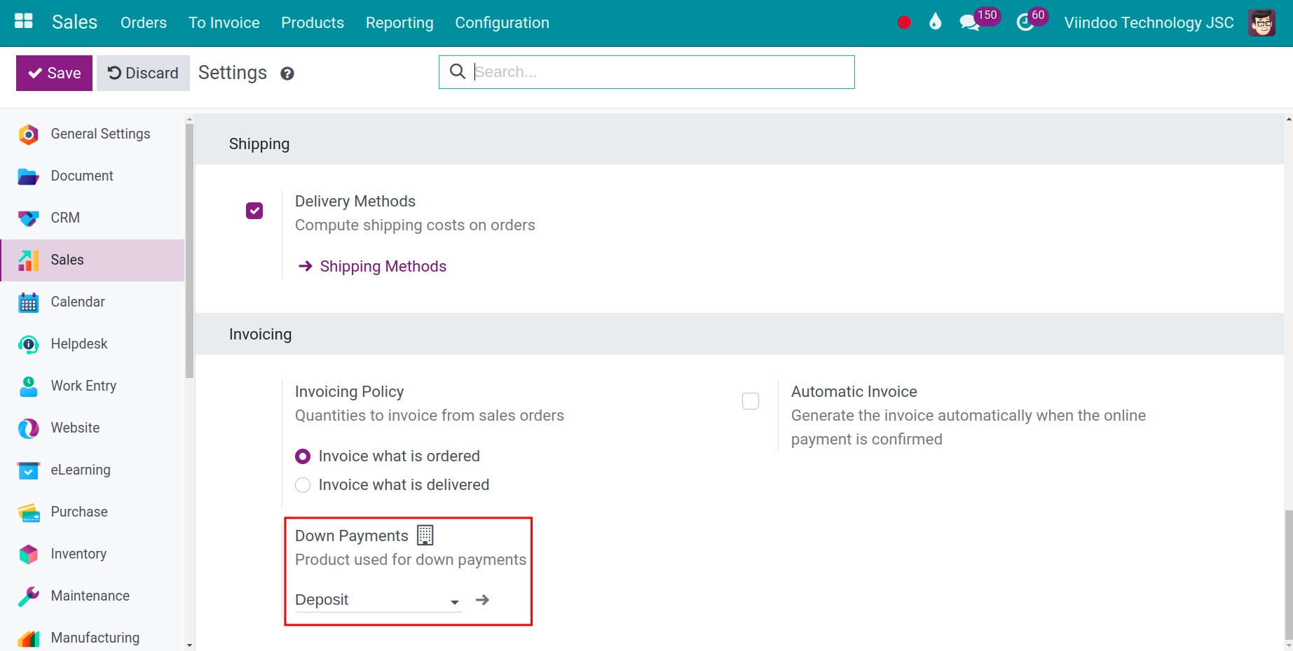 Set default the down payment product
