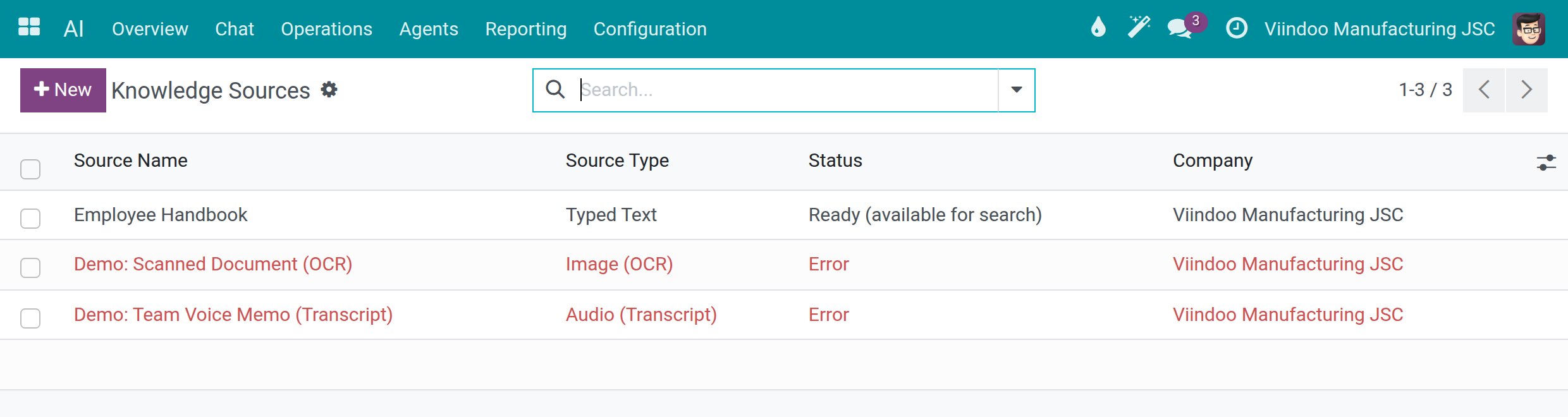 The list of knowledge sources with one source ready and two in error