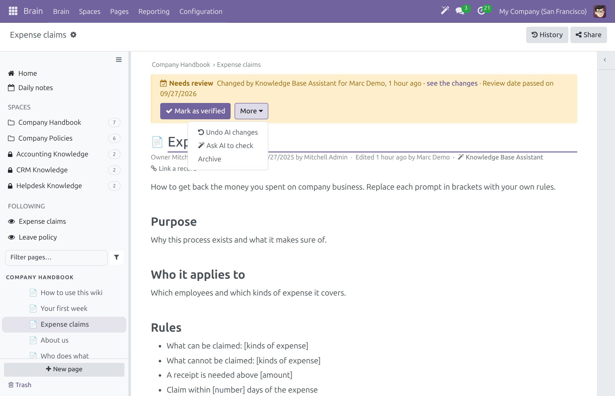 A page with the Needs review banner listing two reasons, the Mark as verified button and the open More menu with Undo AI changes, Ask AI to check and Archive