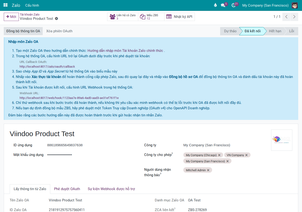 Connected OA account record showing ZBS Templates counter button displaying total template count for this OA