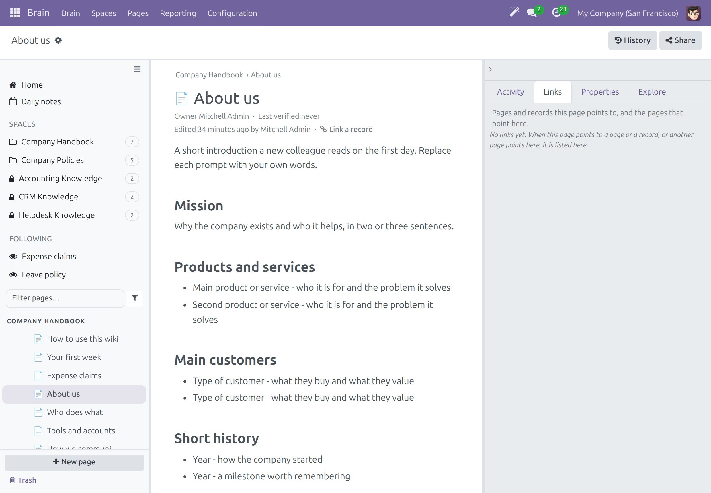 A page with its title, owner, last verification, the page tree and the panel on the right with the Activity, Links, Properties and Explore tabs