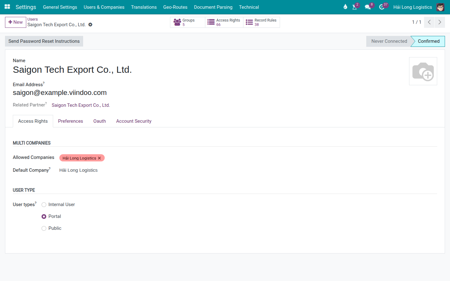 Portal user for Saigon Tech Export, type set to Portal and linked to the correct customer partner record.