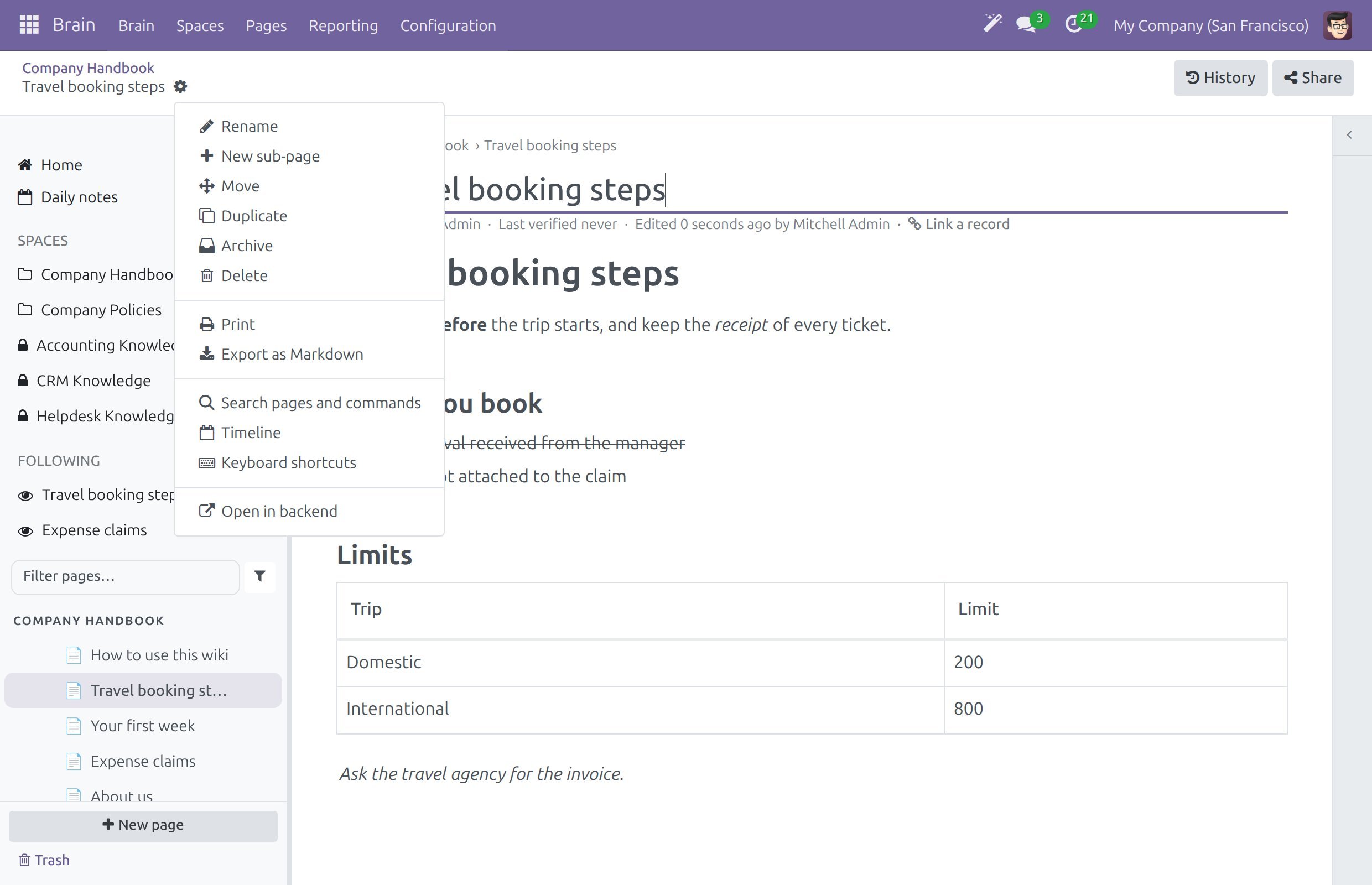 The gear menu of a page, with Print and Export as Markdown in the second group