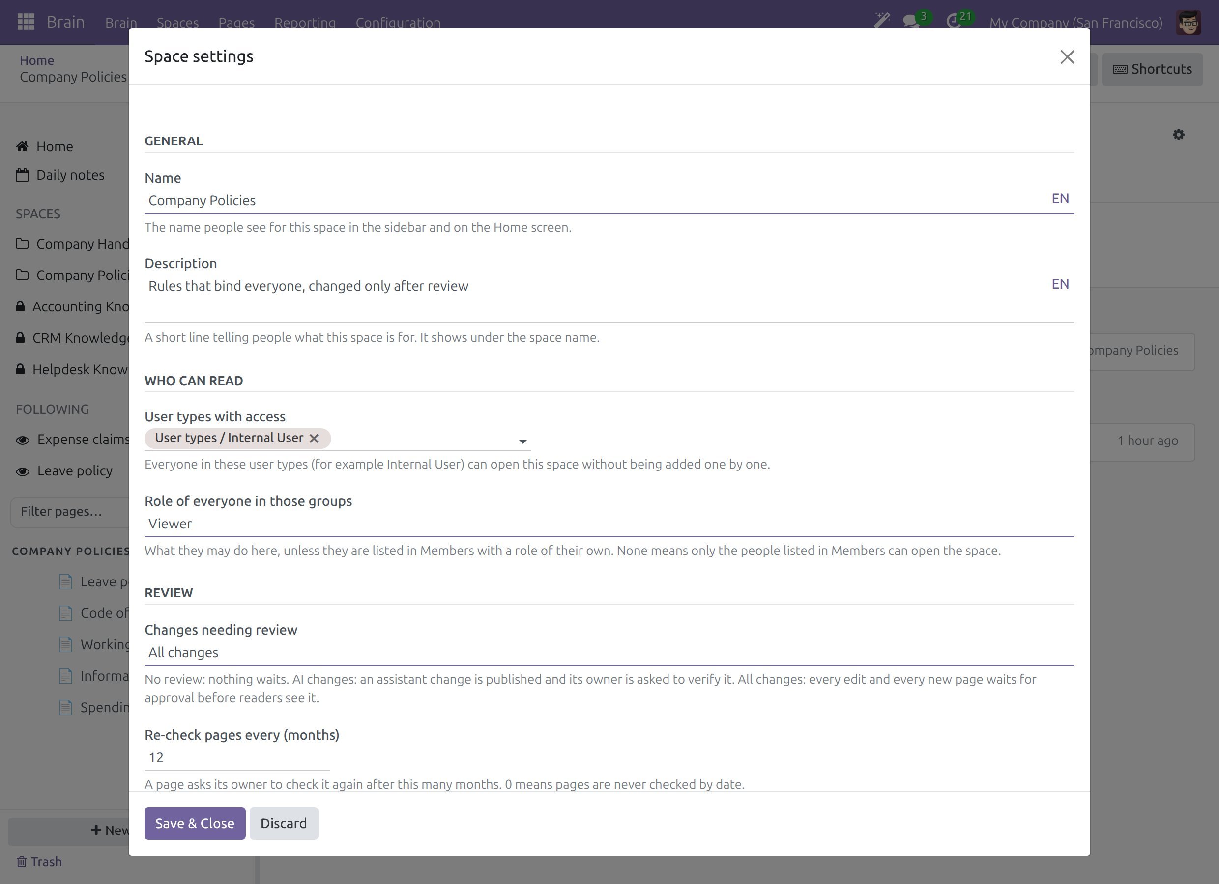 The Space settings dialog of a Space with Changes needing review set to All changes and the recheck interval below it