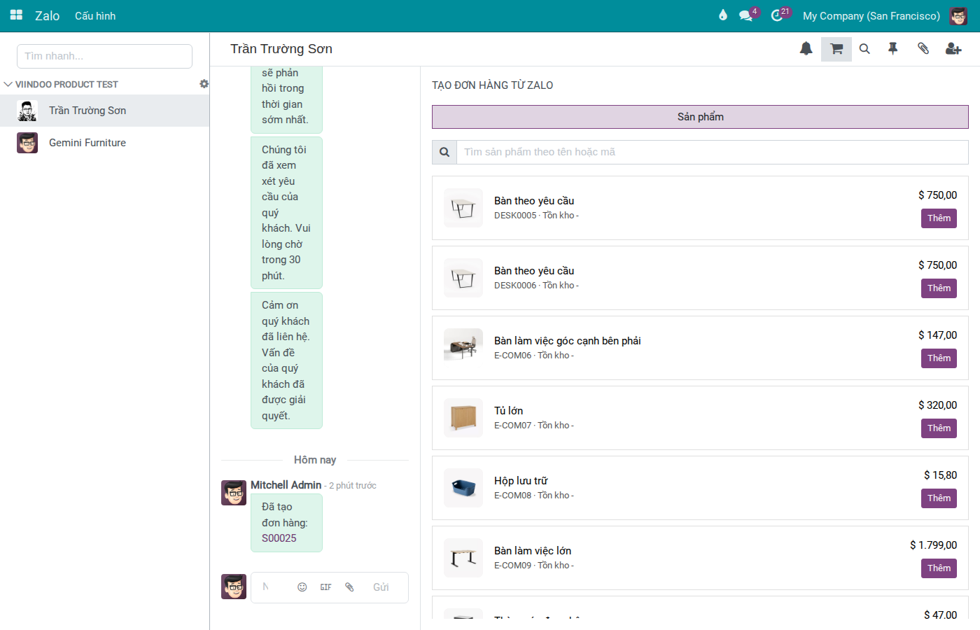 Zalo conversation in Discuss with the Cart icon opening the Create Order from Zalo panel, Products tab showing product list to add to cart