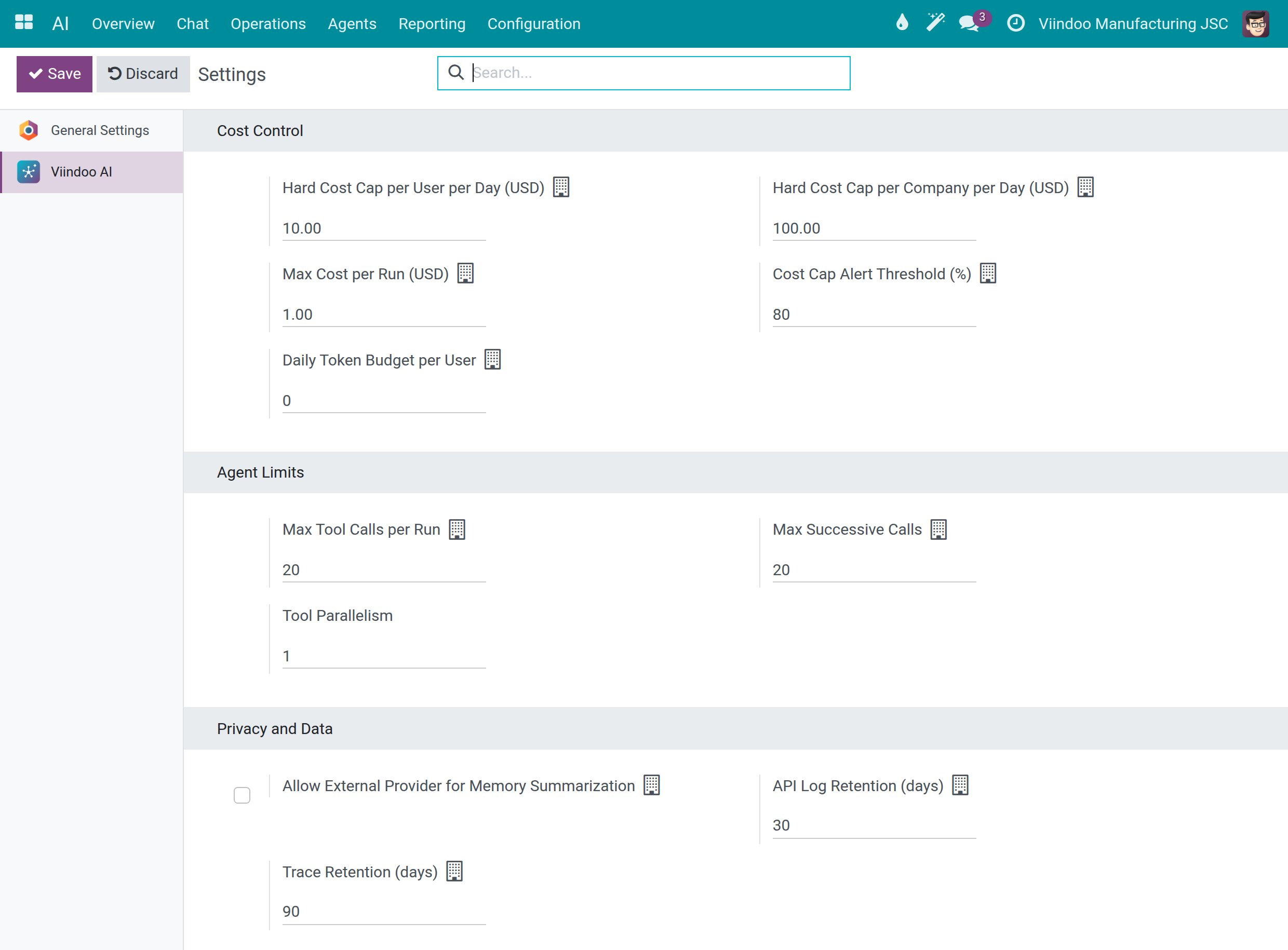 The Cost Control, Agent Limits and Privacy and Data sections of the AI settings with their default values