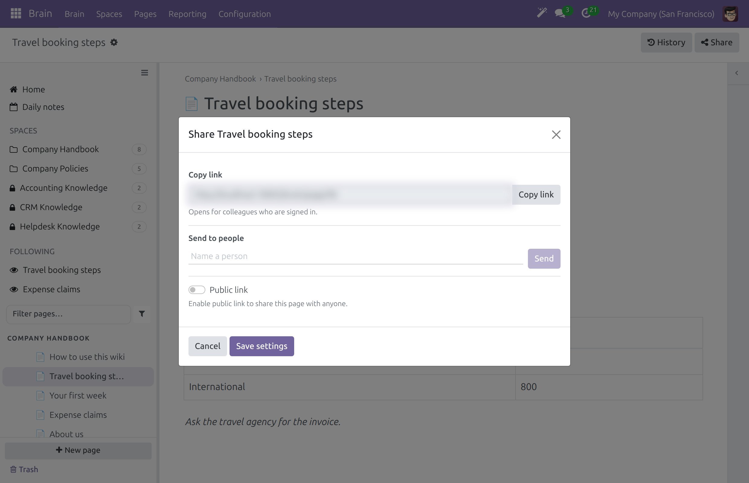 The Share dialog with Copy link, Send to people and the Public link switch turned off