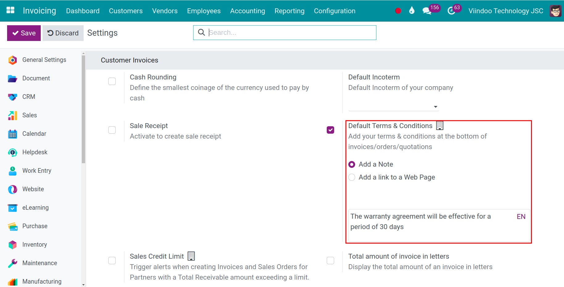 Add a note default terms & conditions