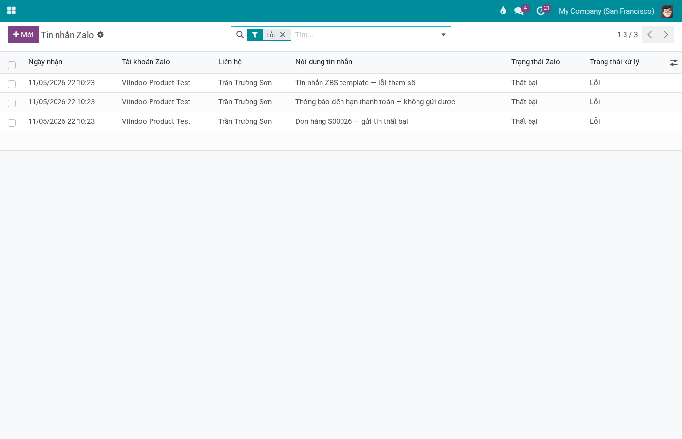 Zalo Events list with Processing State and Zalo State columns for tracking delivery errors