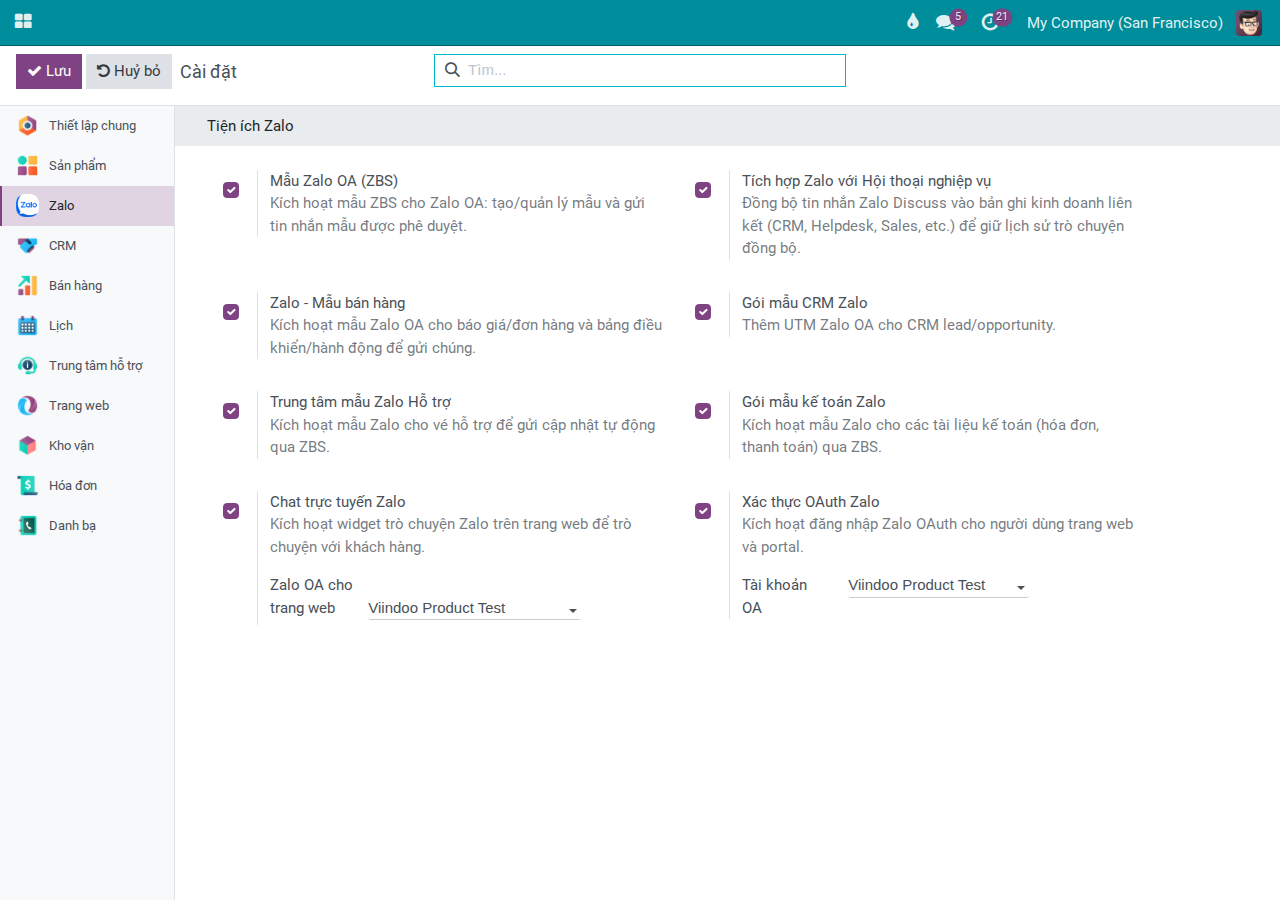 Zalo settings — Zalo OAuth Authentication section with OA Account field for selecting portal login OA